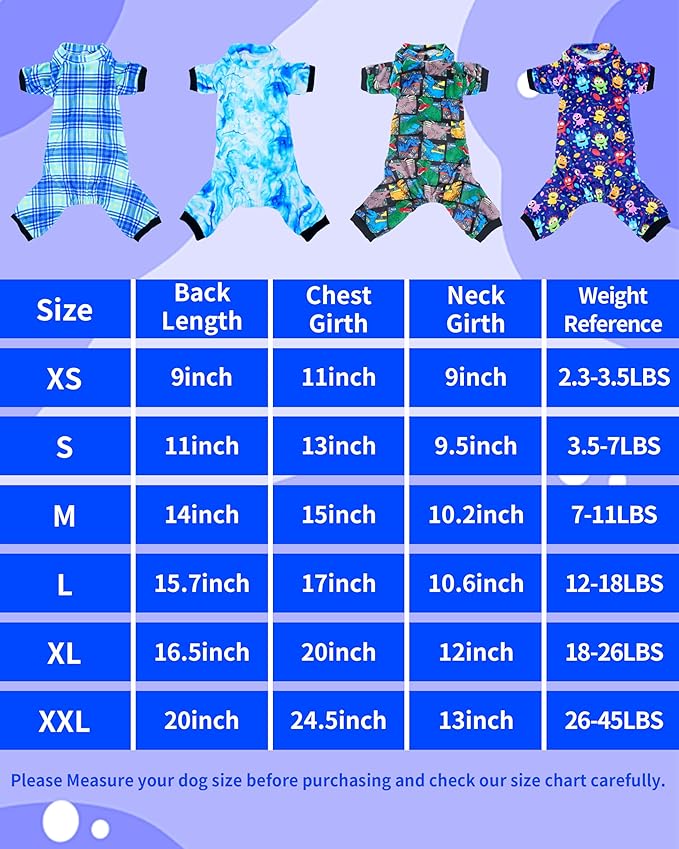PET SHOW 4 Pack Small Dog Pajamas Cute Dinosaur Monster Clothes for Medium Dogs Soft Stretchy PJs Plaid Jumpsuit Puppy Cats Tie Dye Onesies Outfits with Sleeve Pets Dachshund Costume(L, Blue for Boys)