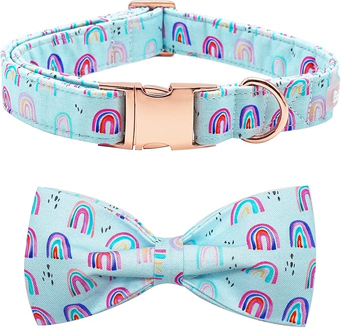 Dog Collar, Summer Rainbow Print Adjustable Bow Collar Cute Soft Pet Collar Bowtie Duarble Collars for Small Medium Large Dog