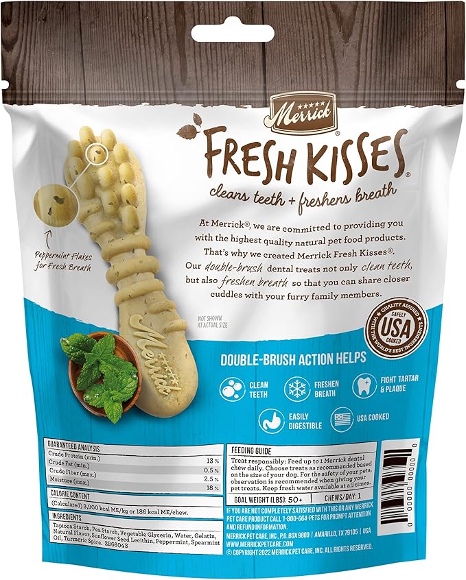 Merrick Fresh Kisses Natural Dental Chews, Toothbrush Shape Treat Infused With Real Mint, For Large Dogs - 4 ct. Bag