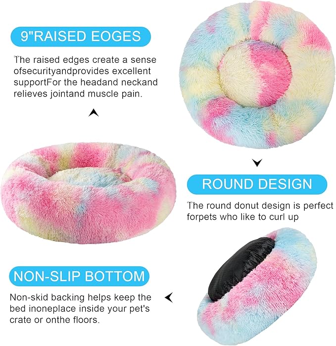 Dog Calming Beds for Small Medium Large Dogs - Round Donut Washable Puppy Dog Bed, Anti-Slip Faux Fur Fluffy Donut Cuddle Anxiety Cat Pet Bed(32'' Color)