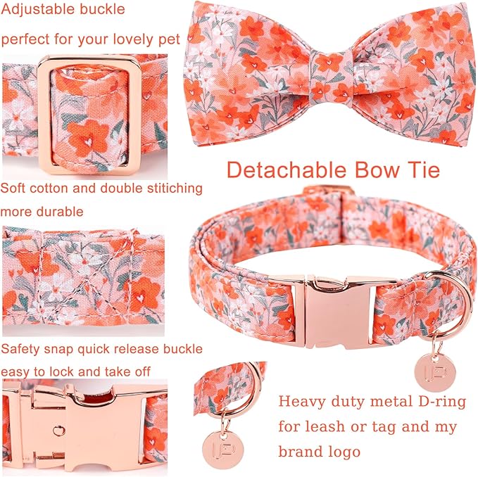 Dog Collar with Bow Tie,Orange Flower Bow Dog Collar with Adjustable Buckle,Cotton Puppy Collar for Small,Medium,Large Dogs