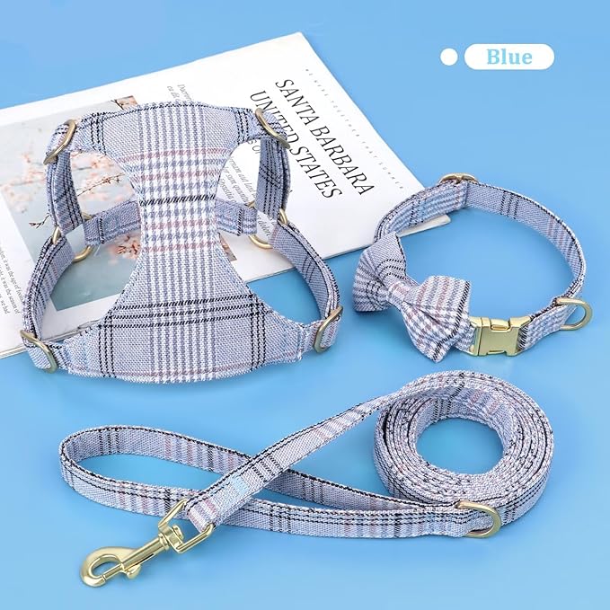 Beirui Cute Small Dog Harness Collar and Leash Set with Bowtie, Soft Adjustable Plaid Puppy Harness for Small Sized Dogs Cats Walks Parties and Photoshoots(Blue,XXS:Chest 12-14")