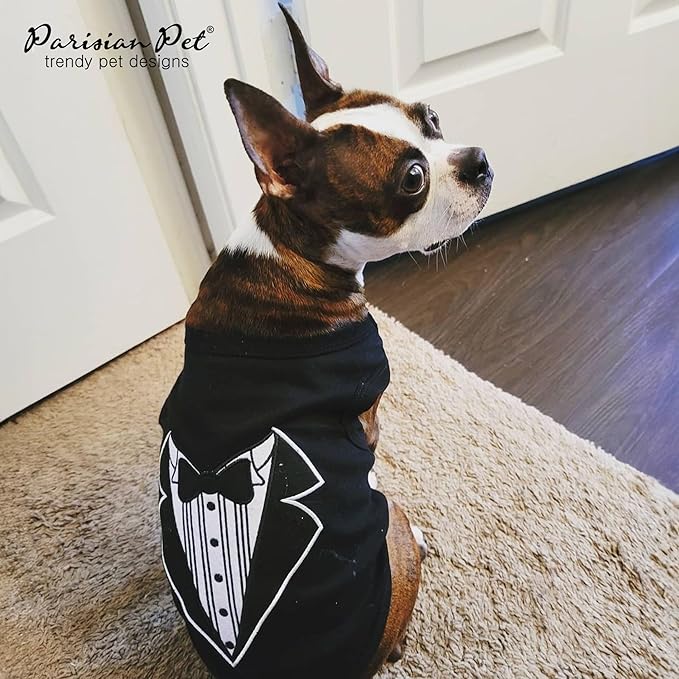 Parisian Pet Dog Tshirt - Embroidered “ Tuxedo“ Tank Top - 100% Cotton and Lightweight Dog Clothes - Sleeveless Machine Washable Black Tee Shirts for Medium Dogs - Pet Vest - M