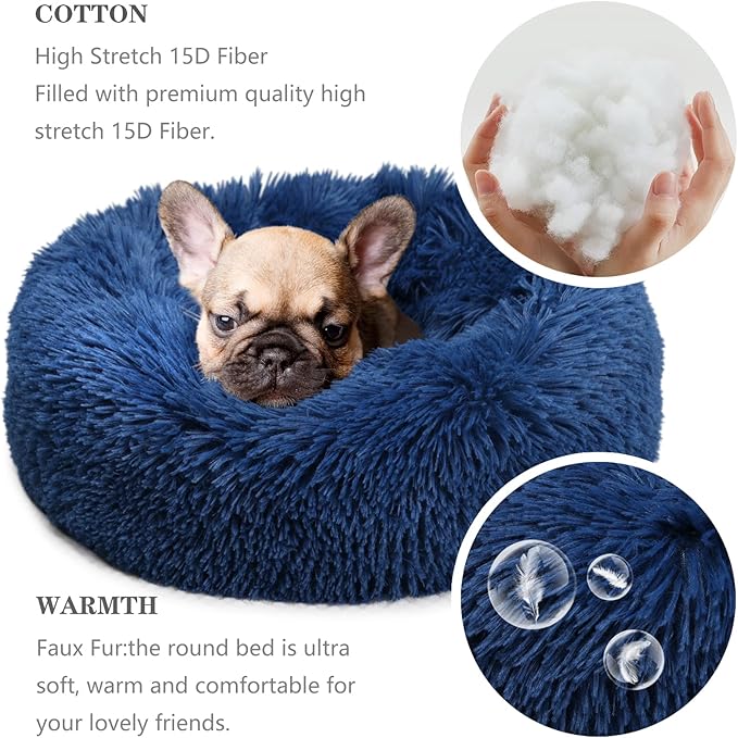 Calming Dog Bed for Small Dogs Washable Donut Cozy Soft Puppy Bed for Extra Small Pet with Anti-Anxiety 19 inches Fits up to 15 lbs,Navy Blue