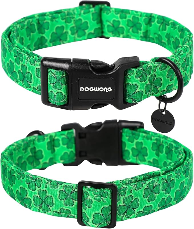 DOGWONG St. Patrick's Day Dog Collar, Green Lucky Clover Shamrock Green Dog Collar Soft Durable Adjustable Costume St. Patrick's Day Lucky Charm Puppy Collar for Small Medium Large Dog