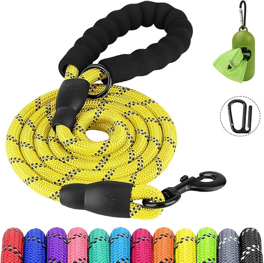 Joytale Reflective Dog Leash, Heavy Duty Nylon Rope with Poop Bag Holder, Highly Reflective Threads Leashes for Medium Large Dogs, Yellow, 5'×1/2''