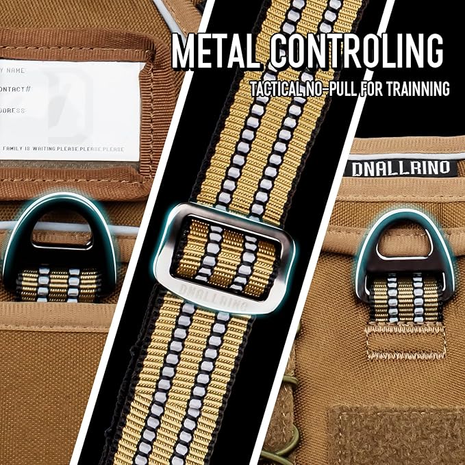 Tactical Dog Harness for Medium Large Dogs, Heavy Duty Dog Harness with ID Card, Reflective Hiking Harness for Training Easy Control Dog Vest with Handle Brown