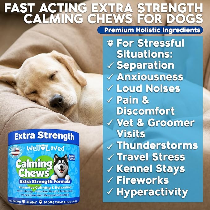 Calming Chews for Dogs - Dog Calming Chews, Made in USA, Vet Recommended, Behavior Support with Melatonin & Hemp, Stress, Separation, Fireworks, Travel, Extra Strength