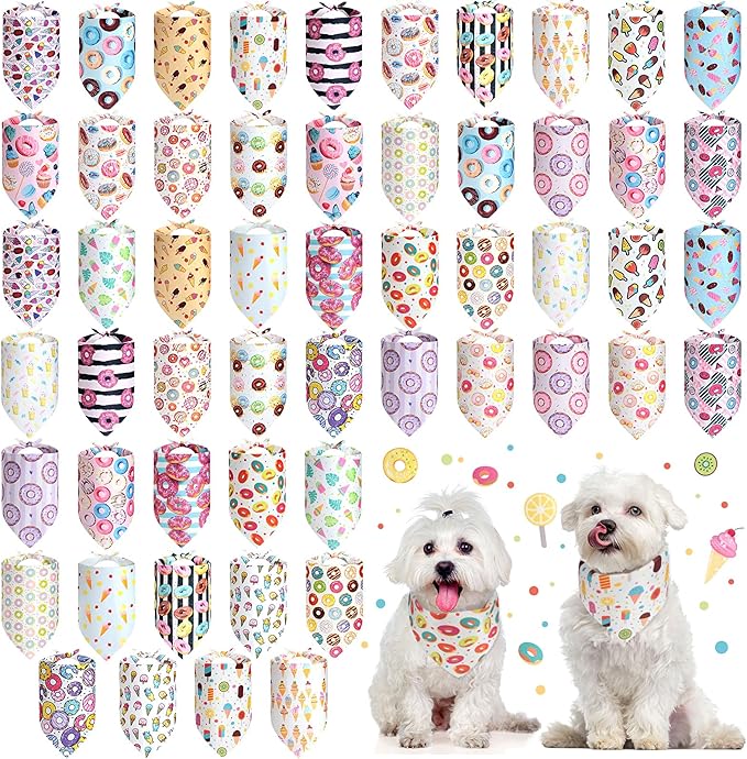 Silkfly 54 Pieces Dog Bandana Bulk Donut Pet Bandana Summer Cute Adjustable Triangle Bibs Scarf Comfortable Soft Pastel Pattern Dog Kerchief for Small Medium Dogs