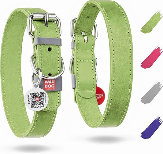 WAUDOG Long Lasting Leather Dog Collar for Large Dogs, Medium & Small Dogs - Adjustable Classic Puppy Collars for Large Breed Dogs - Boy & Girl Dog Collars with Durable Buckle, D-Ring & QR Dog Tag