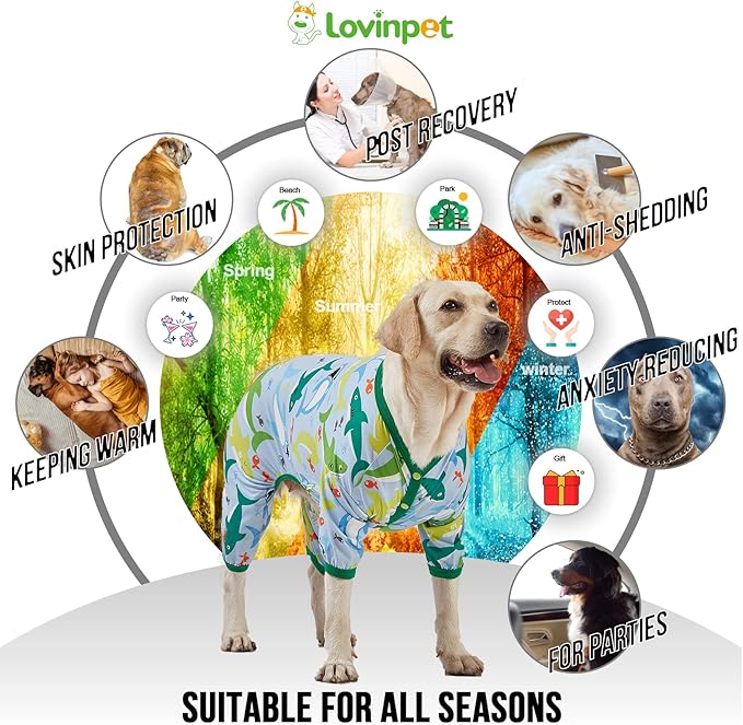 LovinPet Surgical Recovery Shirt for Large Dogs, Undershirt for Dog Coats, Lightweight Stretchy Knit Dog Onesie, Big Bites Turquoise Print, Pitbull Shirt, UV Protection,Stop Shedding for Dogs, 3XL