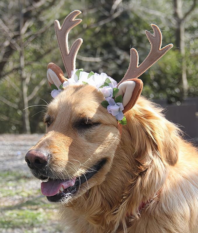 Dog Cat Christmas Reindeer Ears Antlers Headband Adjustable, Forest Flower Elk Hat Headwear Pet Deer Hair Cosplay Costumes Accessories for Halloween Merry Christmas (M(for Small and Medium Dogs))