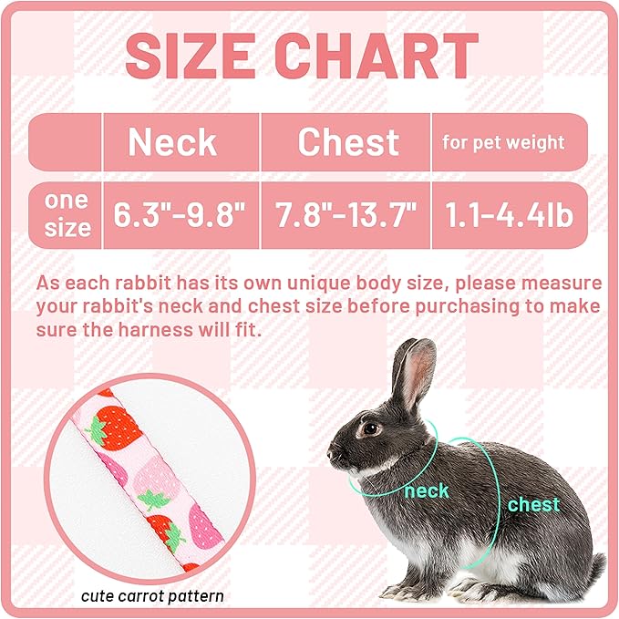 Rabbit Harness and Leash - Adjustable Bunny Harness Escape Proof for Walking Running Hiking Camping Outdoor - Pink Strawberry Pattern Cute Small Animal Harness Leash Set