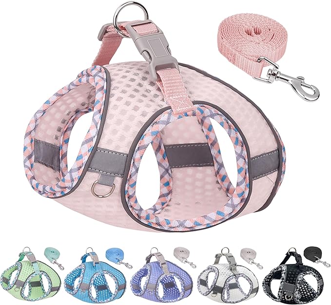 Summer Soft Dog Harness and Leash Set,Ultra Thin Breathable Diamond Mesh, Step in Adjustable Dog Harness with Padded Vest for Medium Size Dogs in Hot Weather Pearl Pink L