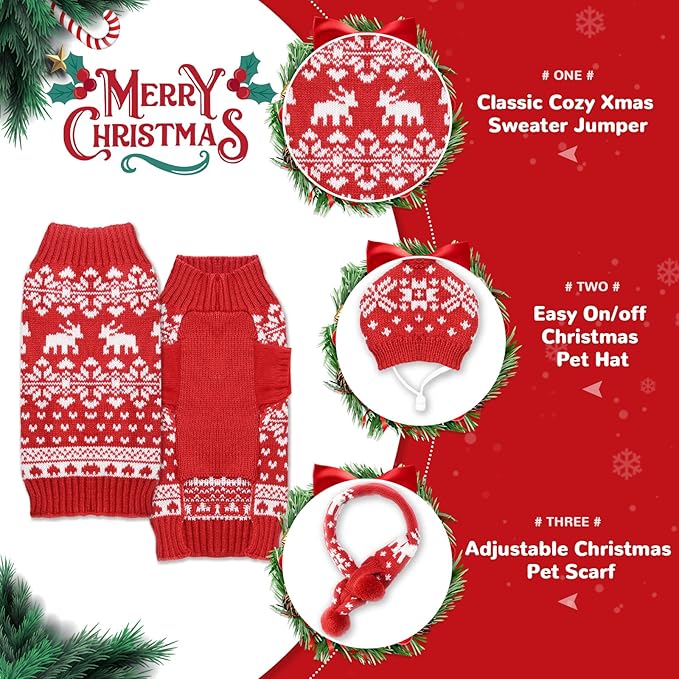 PETCARE 3 Pack Dog Christmas Costume - Cute Red Reindeer Snowflake Christmas Dog Sweater Scarf Hat Set - Pet Dog Cat Puppy Xmas Outfits Costume for Small Medium Dogs Cats Clothes