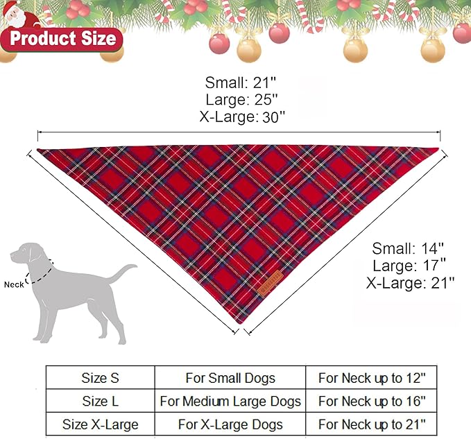 ADOGGYGO Christmas Dog Bandana 2 Pack, Stylish Plaid Pet Scarf, Premium Cotton Fabric, Multiple Sizes Offered, Christmas Bandanas for Large X-Large Dogs Pets (X-Large)