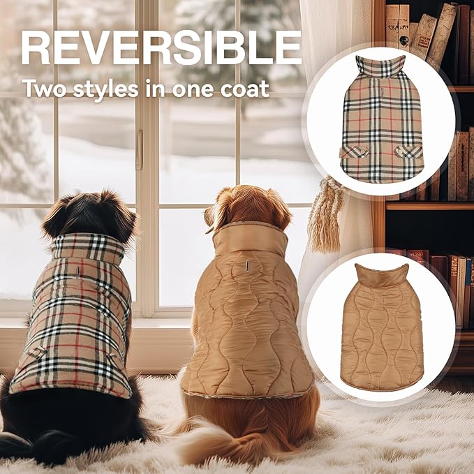 VIVAGLORY SoftJoy Dog Winter Coat - British Style Plaid Jacket Vest Apparel for Cold Weather - Heavy Duty Snow Warm Cozy Reversible Outdoor Accessories - S Khaki