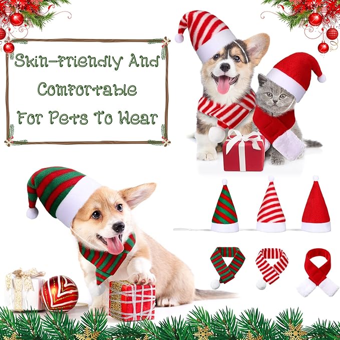 6 Pieces Pet Cat Dog Christmas Hat with Scarf pet Santa Hat Scarf Set Holiday Party Cute Costumes for Small Dogs Cats