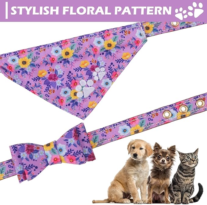 EXPAWLORER Puppy Collar and Leash Set - Embroidery Floral Dog Collar and Dog Leash Set, Cute Flower Bow Tie and Bandana Dog Collar with Bell, Collar and Leash for Dogs Cats Outdoor Walking, Purple S