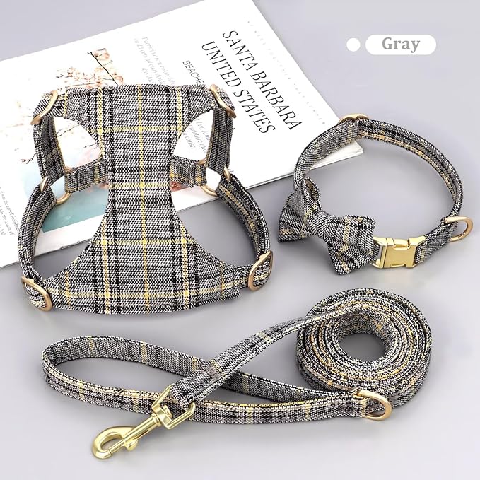 Beirui Cute Small Dog Harness Collar and Leash Set with Bowtie, Soft Adjustable Plaid Puppy Harness for Small Sized Dogs Cats Walks Parties and Photoshoots(Gray,XXS:Chest 12-14")