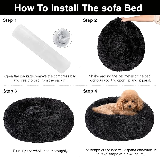 Dog Bed Calming Beds for Small Medium Large Dogs - Round Donut Washable Puppy Dog Bed, Anti-Slip Faux Fur Fluffy Donut Cuddle Anxiety Cat Pet Bed(32'' Black)