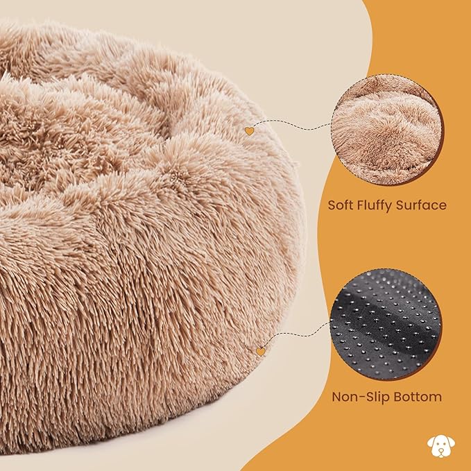 DUMOS Calming Donut Cat & Dog Bed for Medium Dogs, Machine Washable Cuddle Warming Cozy Fluffy Faux Fur Plush Round Dog Bed, Anti-Anxiety Waterproof Anti-Slip Pet Bed, Brown, 24×24×8 Inches