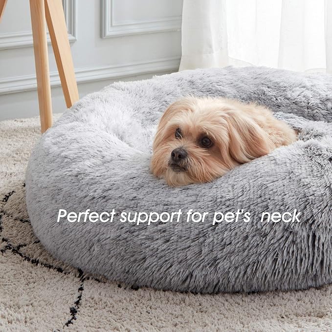 Donut Dog Cuddler Bed Calming, Anti-Anxiety, Warming Cozy Soft Dog Round Bed, Fluffy Faux Fur Plush Dog Cat Cushion bed for Small Medium Dogs and Cats (20"/24"/27"/30")
