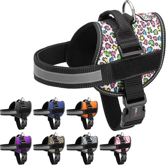 Dogline Dog Harness, Reflective No-Pull Adjustable Vest with Handle for Walking, Training, Breathable, No - Choke Harness for Small, Medium or Large Dogs Room for Patches Leopard Rainbow S 18"-24"