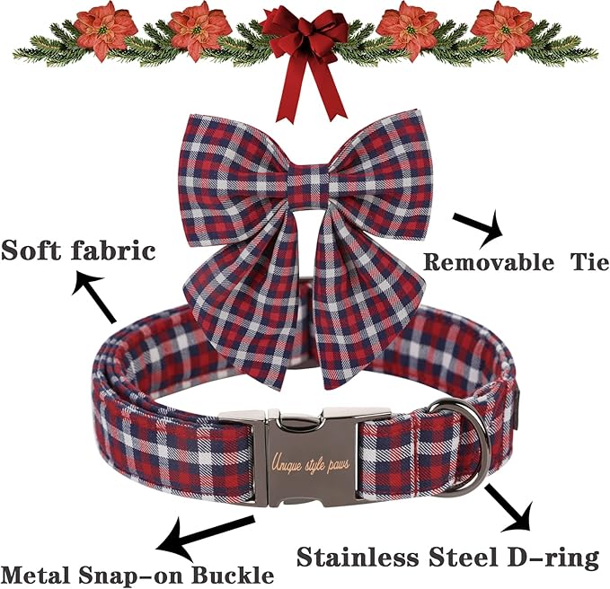 Unique style paws Christmas Dog Collar with Bow Tie Red Blue Plaid Puppy Collar for Small Medium Large Dogs as Holiday Autumn Winter Gifts-L