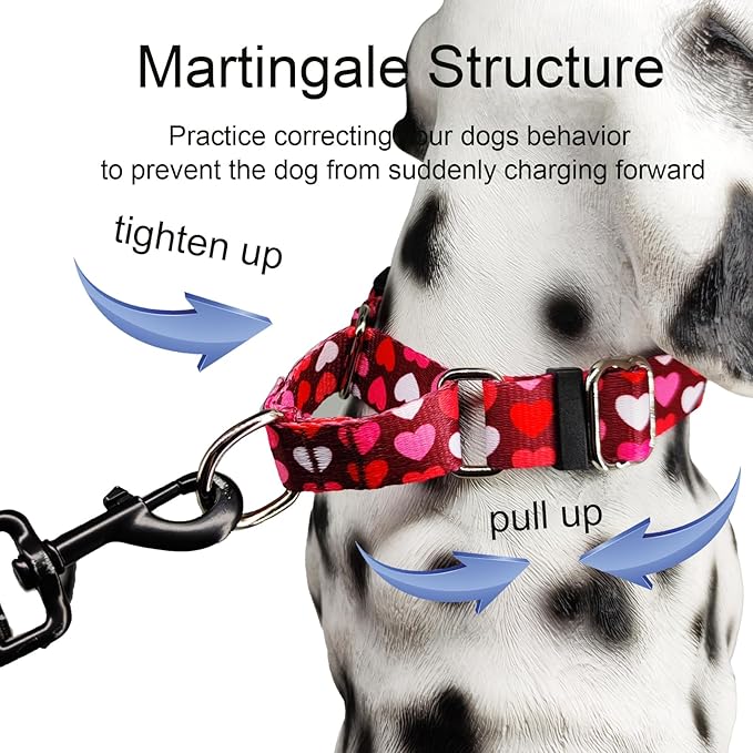 Valentines Pink Martingale Collar for Dogs with Buckle Adjustable Heart Dog Collars (Burgundy Love, Small)