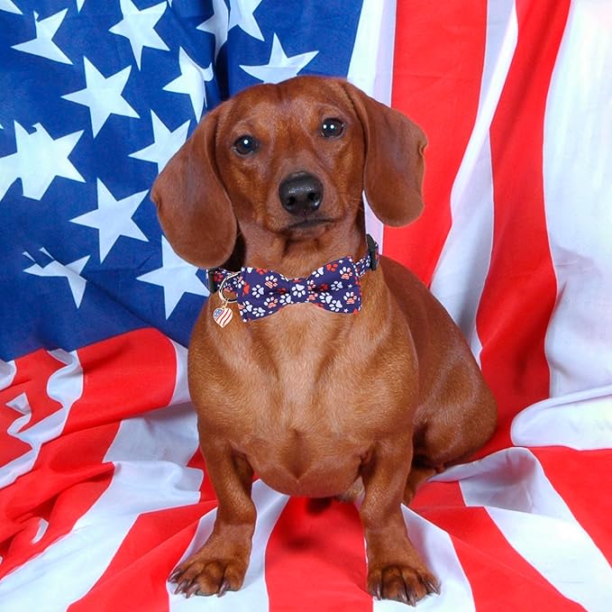 ADOGGYGO American Flag Dog Collar with Detachable Bowtie, Adjustable 4th of July Patriotic Collars for Small Medium Large Dogs Pets (Small)