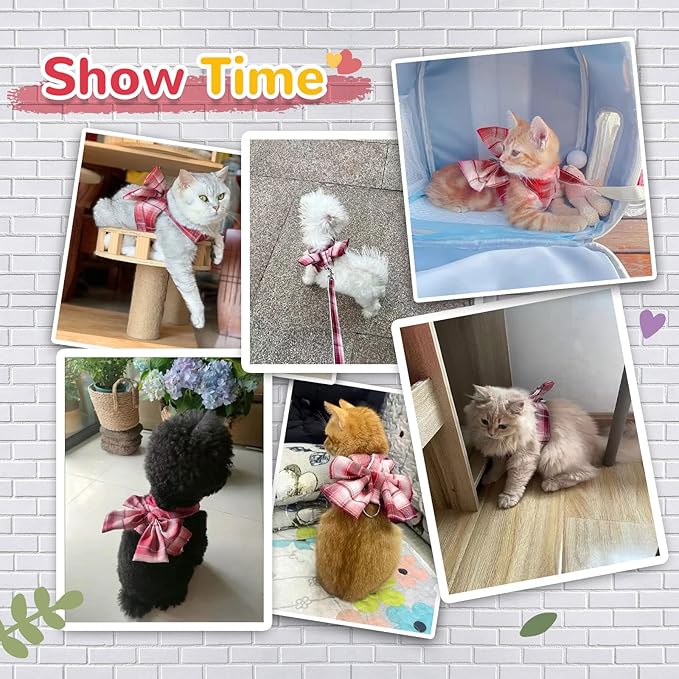 Dog Harness for Small Dogs With Bow and D-Ring - Soft Mesh Adjustable Set for Girl Puppies - Pet Harness and Leash