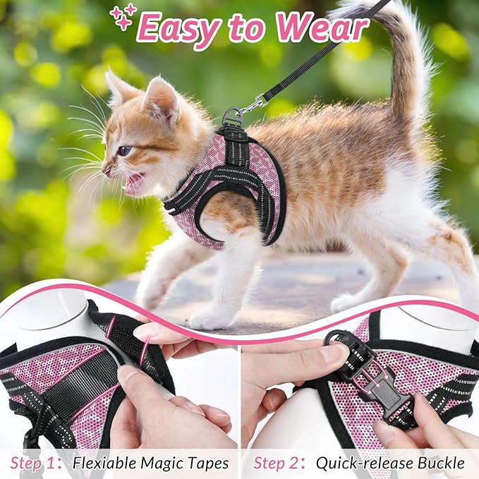 Cat Harness and Leash Escape Proof for Walking, Safe Adjustable Large Kitten Vest Set with Reflective Strip for Kitty, Easy Control Comfortable Soft Outdoor Pet Harnesses, Pink, Large