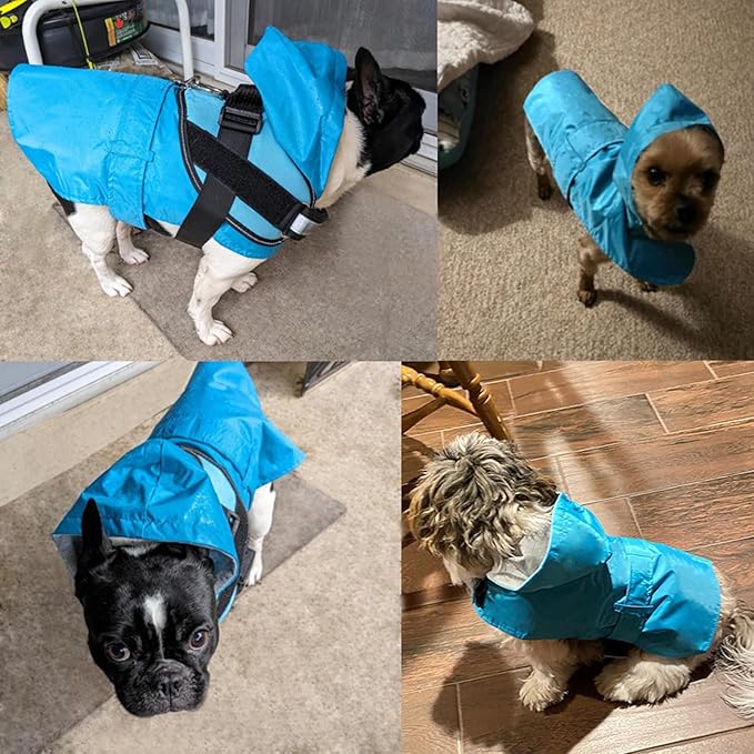 Dog Raincoat Small Dog Rain Jacket Poncho Waterproof Pet Rain Suit Double Layer Cotton Lining Hooded Leash Hole Adjustable Puppy Small Dogs Cats,Blue,XS