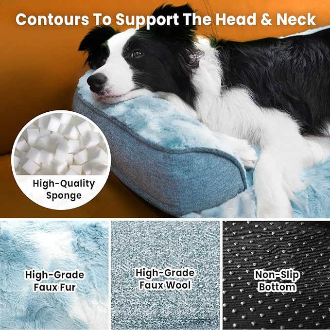 Calming Dog Couch Bed for Large Dog, 41 x 37 inch Waterproof Memory Foam Dog Bed for Couch, Durable Fluffy Fuzzy Dog Bed Mats with Washable Removable Cover Protector for Sofa, Tie-Dry Blue