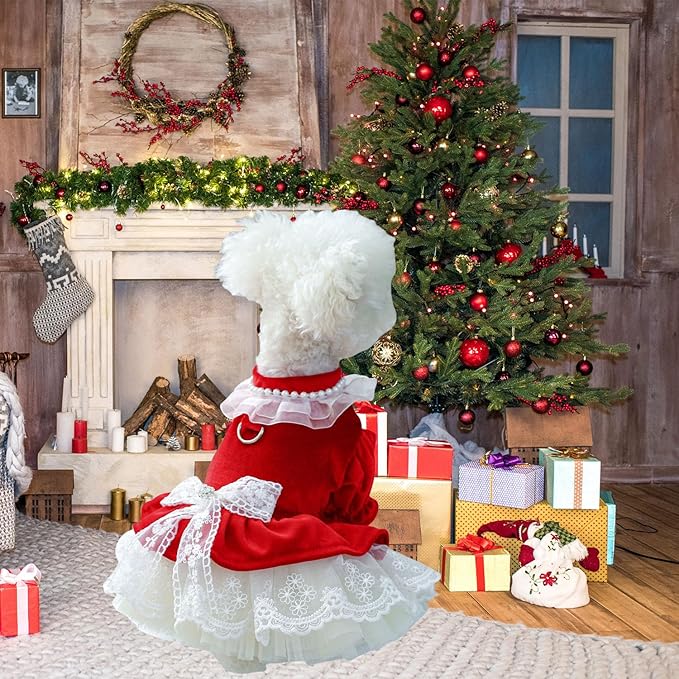 FLAdorepet Dog Christmas Costume Outfits,Red Velvet Small Dog Bowknot Pearl Dress Tutu Skirt, Winter Cat Clothes Pet Apparel (Red Bow, Large)