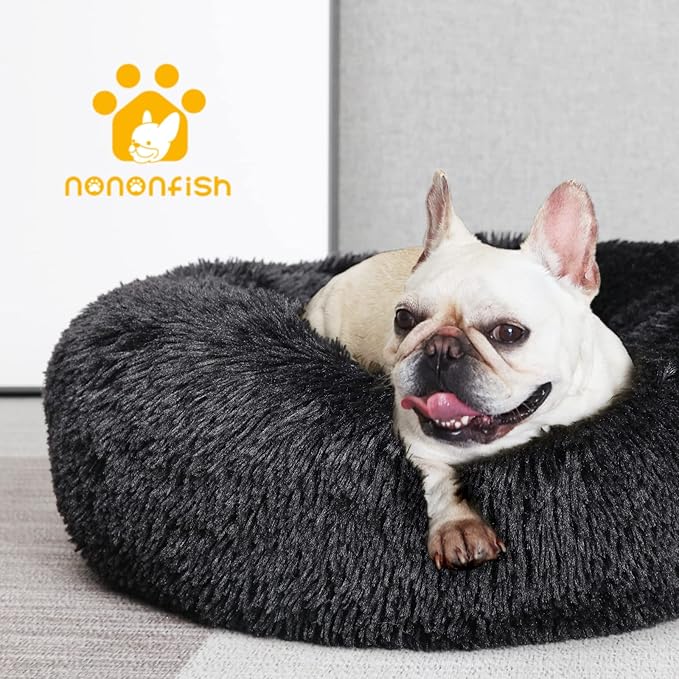 Black Dog Bed for Small Dogs Washble Calming 23 Inch Fluffy Plush Black Dog Bed Round Donut Machine Washable Small Pet Bed