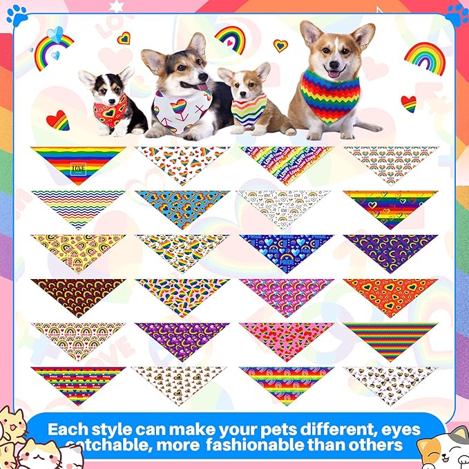 48 Pcs Pride Dog Bandanas LGBT Pet Scarves with Rainbow Color Rainbow Stripe Dog Cat Bandana for Boys and Girls Summer Holiday Triangle Scarf for Medium Pet Costume Accessories