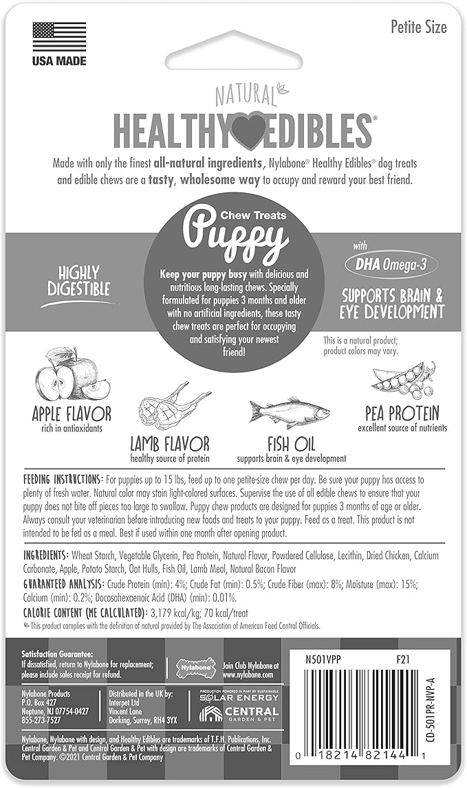 Nylabone Healthy Edibles Natural Puppy Chews Long Lasting Treats for Puppies, Lamb & Apple Flavor, X-Small/Petite (4 Count)