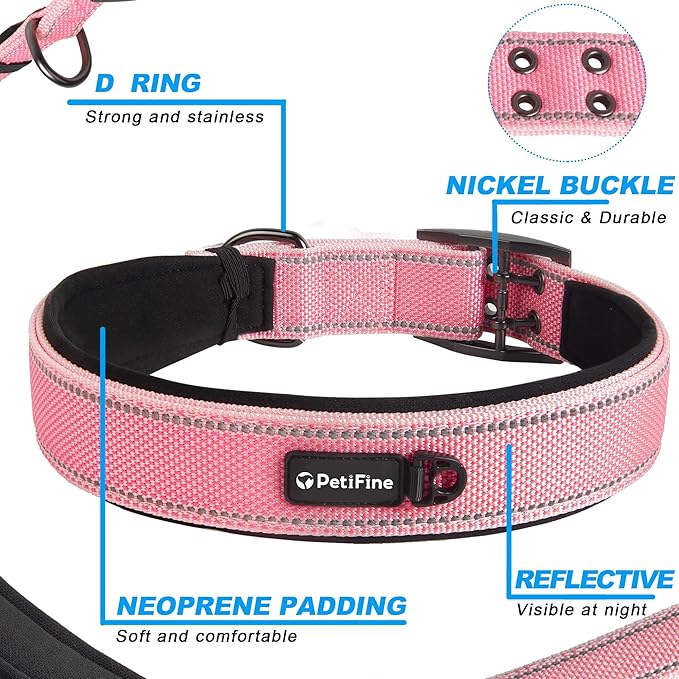 PetiFine Neoprene Padded Dog Collar, Heavy Duty Comfort Dog Collar with Durable Metal Buckle, Reflective Adjustable Belt Buckle Dog Collars for Medium Large Dogs(24''-28'', Pink)