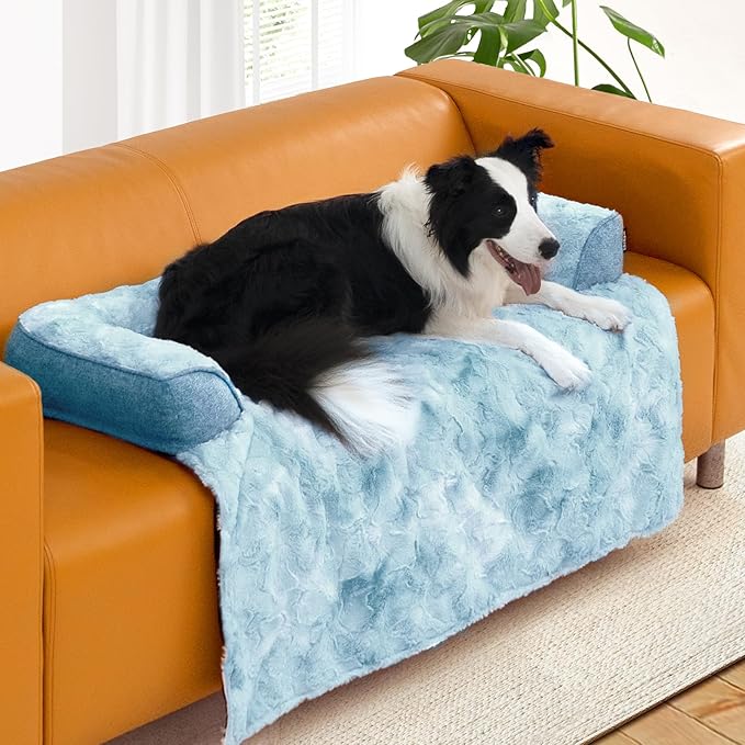 Calming Dog Couch Bed for Large Dog, 41 x 37 inch Waterproof Memory Foam Dog Bed for Couch, Durable Fluffy Fuzzy Dog Bed Mats with Washable Removable Cover Protector for Sofa, Tie-Dry Blue