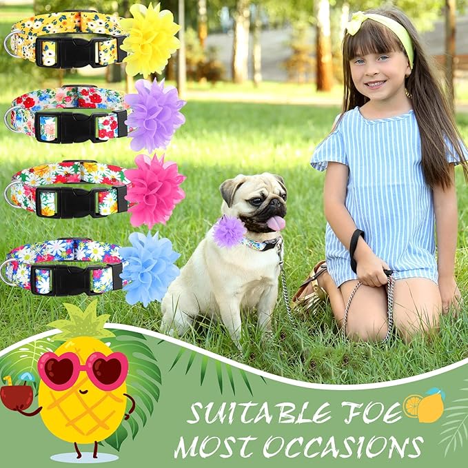 Kajaia 4 Pack Spring Summer Cute Dog Collars for Small Medium Large Female Dogs with Removal Flower Adjustable Nylon Pet Collars(Medium)