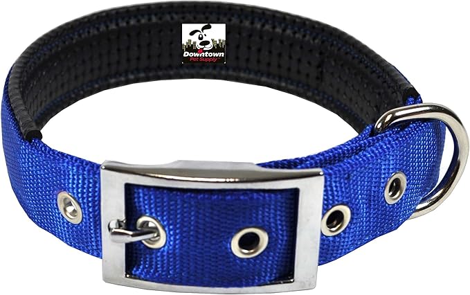 Downtown Pet Supply Deluxe Padded Adjustable Dog Collar - Metal Buckle & D-Ring - Machine Washable & Water Resistant - Blue - L