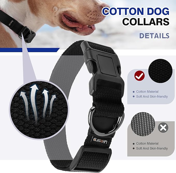 Cotton Soft Dog Collar, Quick Release Dog Collar with Buckle, Heavy-Duty Adjustable Pet Collar for XS Small Medium Large Dog, Colorfast Dog Collars with Removable Tag(XS, Black)