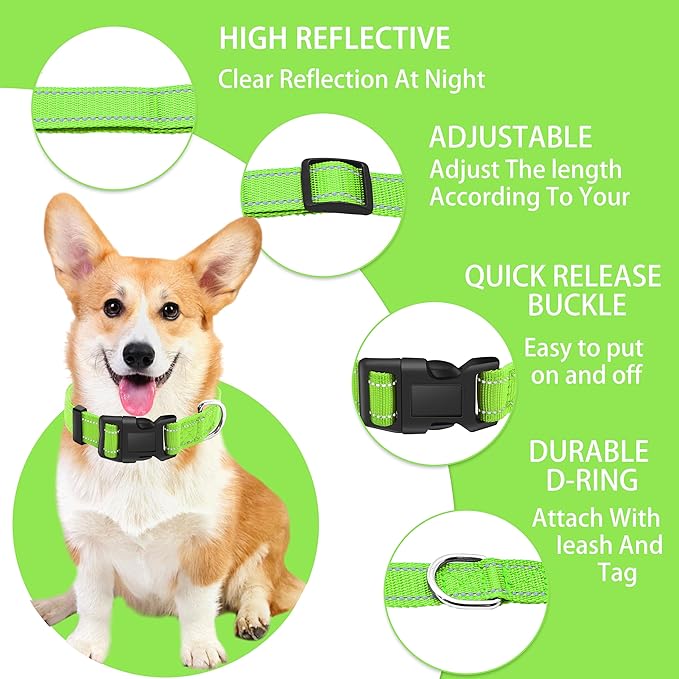 Reflective Dog Collar with Safety Locking Buckle, Adjustable Soft Breathable Nylon Collars for Small, Medium and Large Dogs(Collar+Leash S Width 5/8" Green)