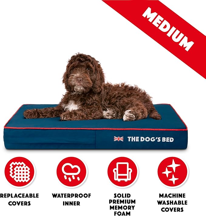 The Dog’s Bed Orthopedic Memory Foam Dog Bed, Medium Blue Oxford with Red Trim UK Flag 34x22, Pain Relief for Arthritis, Hip & Elbow Dysplasia, Post Surgery, Supportive, Calming, Waterproof Washable