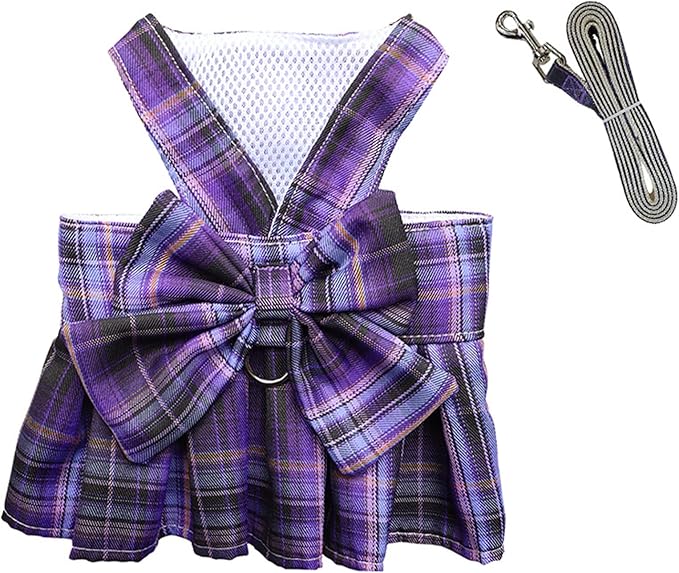 Dog Harness and Leash Set, Cute Bow Tie Plaid Harnesses for Puppy Cat, Adjustable Pet Kitties Vest, Breathable Harness Traction Rope for Boy Girl Small Animal(Skirt Purple,XS for 1.1-3.3lbs Dog)