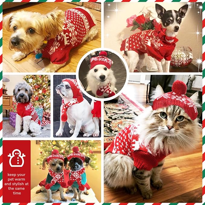 PETCARE 3 Pack Dog Christmas Costume - Cute Red Reindeer Snowflake Christmas Dog Sweater Scarf Hat Set - Pet Dog Cat Puppy Xmas Outfits Costume for Small Medium Dogs Cats Clothes