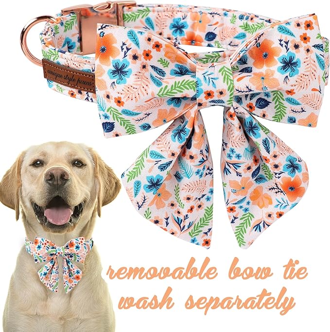 Unique Style Paws Cotton Dog Collar with Bow Floral Plaid Colorful Dog Collar with Bow Tie for Small Medium Large Dogs Pets Gifts