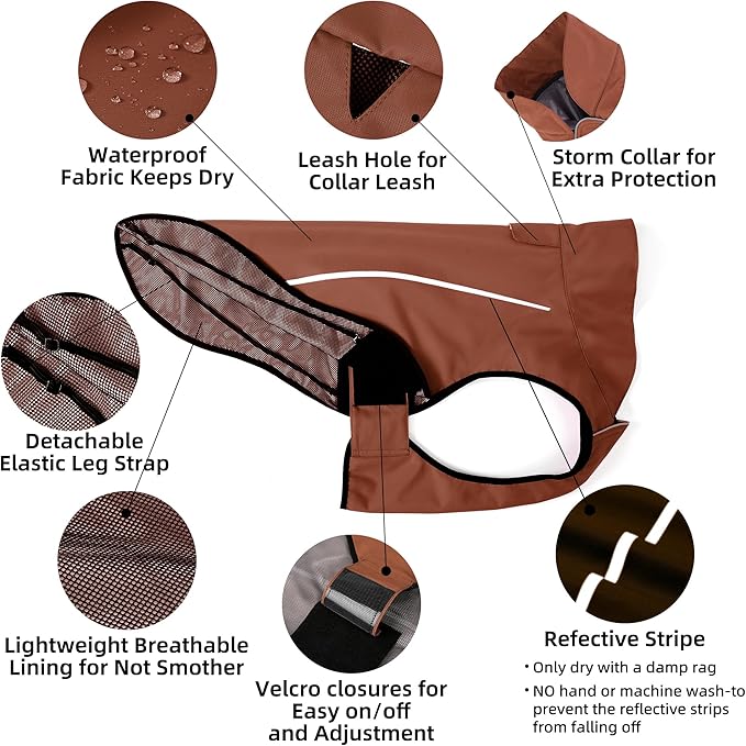 Mile High Life Dog Raincoat, Adjustable Waterproof Reflective Rain Jacket for Small Medium Large Dogs, Lightweight Breathable Pet Rain Coat with Leash Hole(Brown,XXS Chest 16-19")